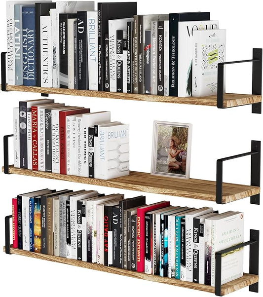 Wallniture Toledo Wood Floating Shelves for Wall Storage, Floating Bookshelf Set of 3, 24"x6" Rustic Wall Shelves for Living Room, Bedroom, Kitchen, Bathroom Storage, Burned Finish