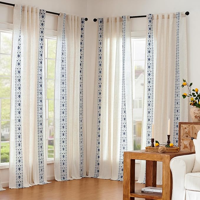 jinchan Boho Curtains for Bedroom Blue Vintage Floral Farmhouse Curtains 72 Inches Long Linen Blend Drapes for Living Room Embroidered Drapes Light Filtering Rod Pocket Blue on Beige 2 Panels