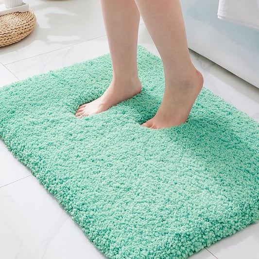 ILANGO Spa Blue Bathroom Rugs 32" × 20" Non Slip & Super Absorbent Extra Thick Soft, Washable Bath Mat for Floor, Microfiber Plush Shaggy Bath Rug with Rubber for Bathtub Shower Room Sink
