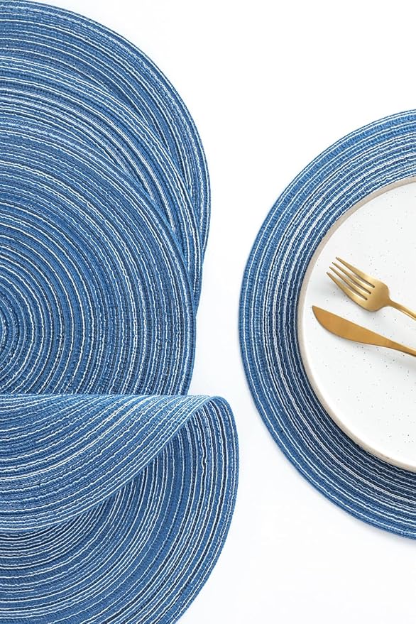 Floroom 15 Inch Round Braided Placemats Set of 6, Washable Heat Resistant Cotton Polyester Circle Place Mats for Kitchen Dining Table - Seascape Blue