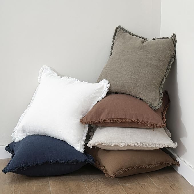 Foindtower Set of 2 Decorative Linen Fringe Throw Pillow Covers Cozy Boho Farmhouse Cushion Cover with Tassels Soft Accent Pillowcase for Couch Sofa Bed Living Room Home Decor, 26×26 Inch, Cream White