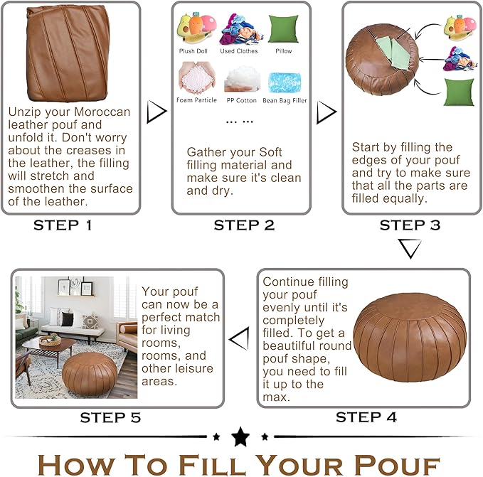 Thgonwid Handmade Storage Pouf Ottoman Foot Stool - Faux Suede Round Floor Cushion 21.6"x13" for Living Room, Bedroom, Wedding Decor, Unstuffed (Brown)