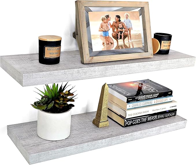 Floating Wall Shelves, 24” Hanging Shelf Set for Living Room, Office, Kitchen, Bathroom &, Perfect Home Room Wall Decor, Rustic Pattern Designed – (Rustic Whitewash Grey 24")