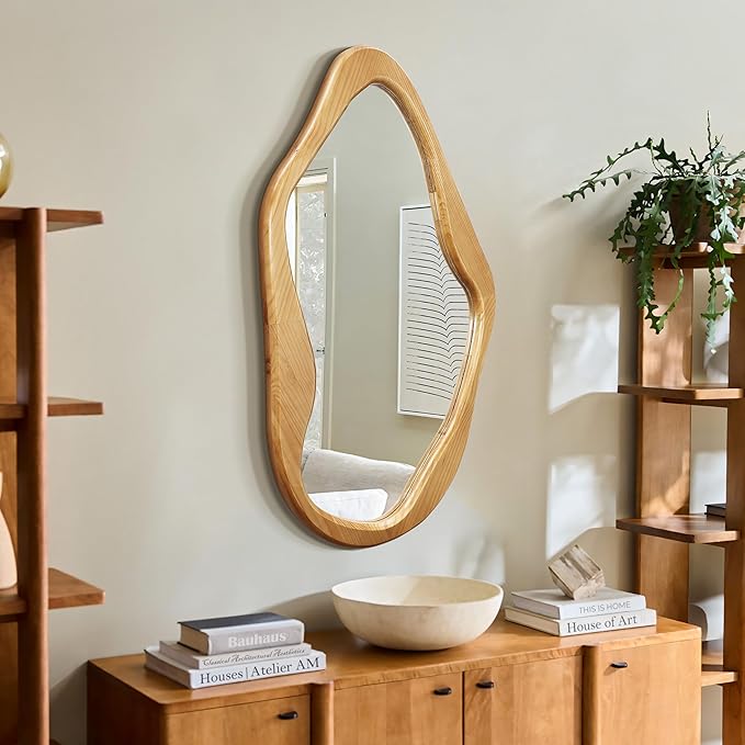 LuxenHome Asymmetrical Wall Mirror with Natural Pine Wood Frame,Irregular Wall Mirror for Living Room,Entryway,Bedroom,Decorative Mirror,Bathroom Mirror, Wood Wall Mounted Mirror