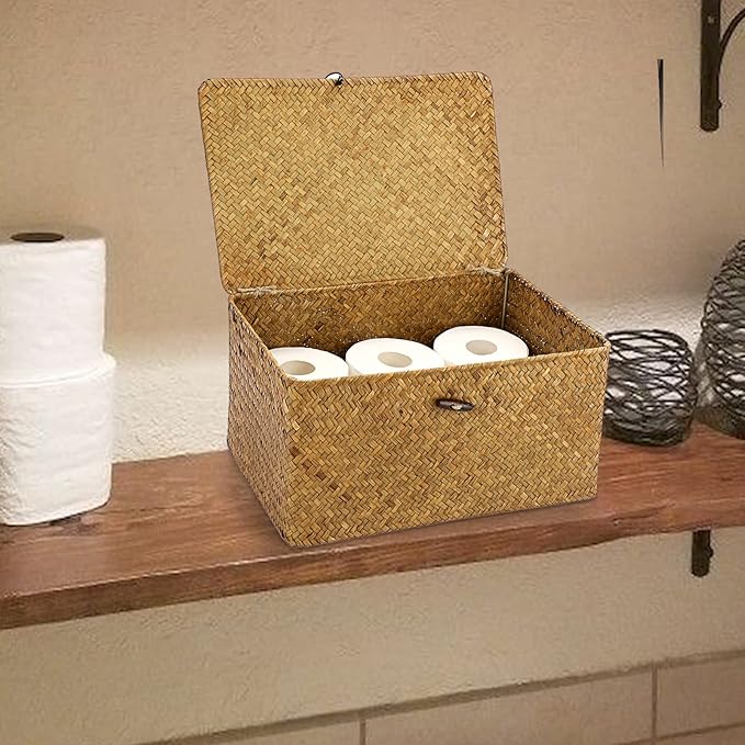 Hipiwe Wicker Shelf Baskets Bin with Lid, Handwoven Seagrass Basket Storage Bins Rectangular Household Basket Boxes for Shelf Wardrobe Home Organizer, Caramel Large