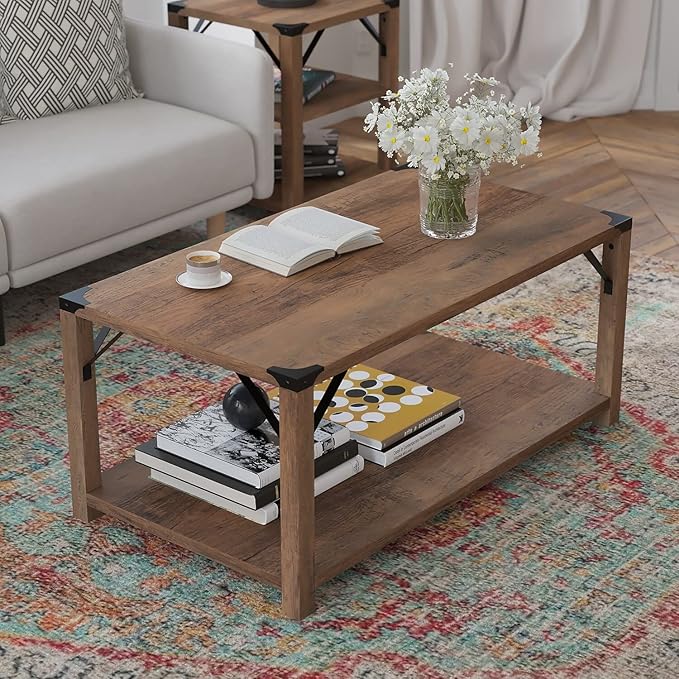 Flash Furniture Wyatt Modern Farmhouse 2 Tier Coffee Table - Rustic Oak Engineered Wood Frame - Black Metal Crisscross Side Braces and Corner Accents