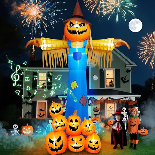 Kalolary 12.5 FT Halloween Inflatables with Music, Giant Pumpkin Scarecrow Inflatable with LED Light Blow Up Yard Decor with Scary Sound for Outdoor Garden Lawn Holiday Party Supplies