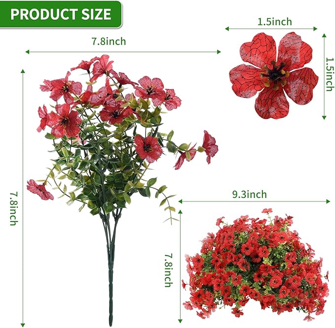 Artificial Flowers Outdoor, Faux Silk Flowers Plastic Plants for Outdoors Indoor Outside Front Porch Hanging Planter Window Box Garden Home Decoration, 14 Bundles(Red)