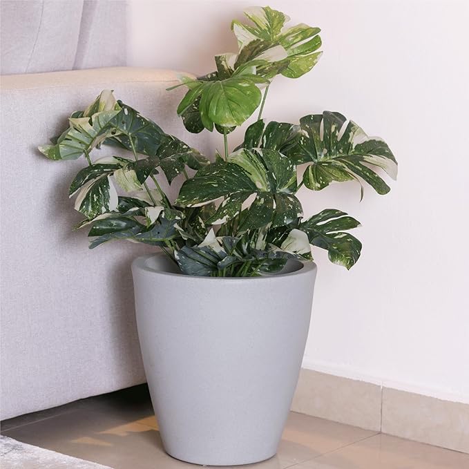 Elly Décor 12 inch Planter for Garden with Drainage, Large Round, Lightweight & Extremely Durable, Deck Indoor/Outdoor Plastic Pot, 12"x12"x7", Light Grey
