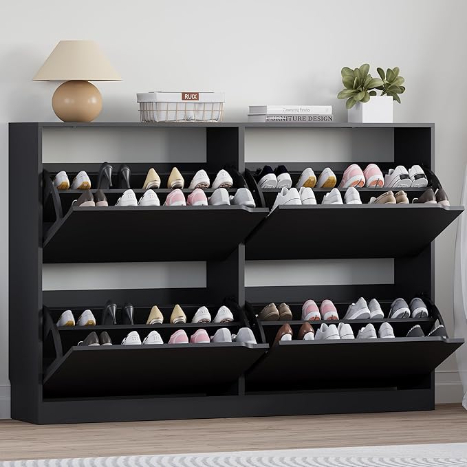 Shoe Cabinet with 4 Flip Drawers, Narrow Hidden Shoe Storage Cabinet, Slim Freestanding Shoe Rack Organizer for Entryway, Hallway, Bedroom, Living Room