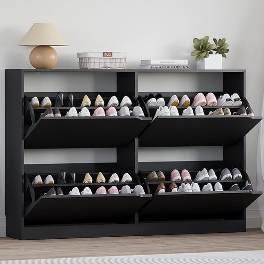 Shoe Cabinet with 4 Flip Drawers, Narrow Hidden Shoe Storage Cabinet, Slim Freestanding Shoe Rack Organizer for Entryway, Hallway, Bedroom, Living Room
