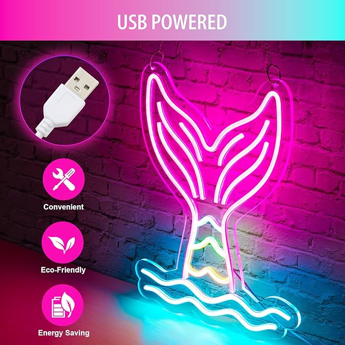 Mermaid Tail Neon Sign Dimmable Mermaid Neon Signs for Wall Decor, USB Powered Bright LED Mermaid Lamps for Girls Bedroom, Birthday Christmas Decor, Perfect Gifts for Girls(15.7*12.6inches)