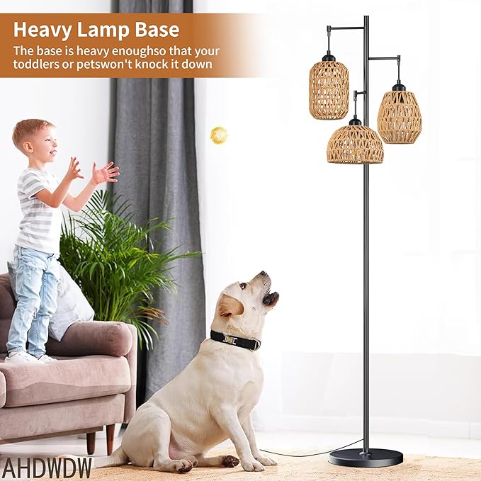 Boho Floor Lamp for Living Room Bedroom - Farmhouse 3 Rattan Wicker Shades, Rustic Black Vintage Standing Light 68" Tall Tree for Office, Reading, Corner