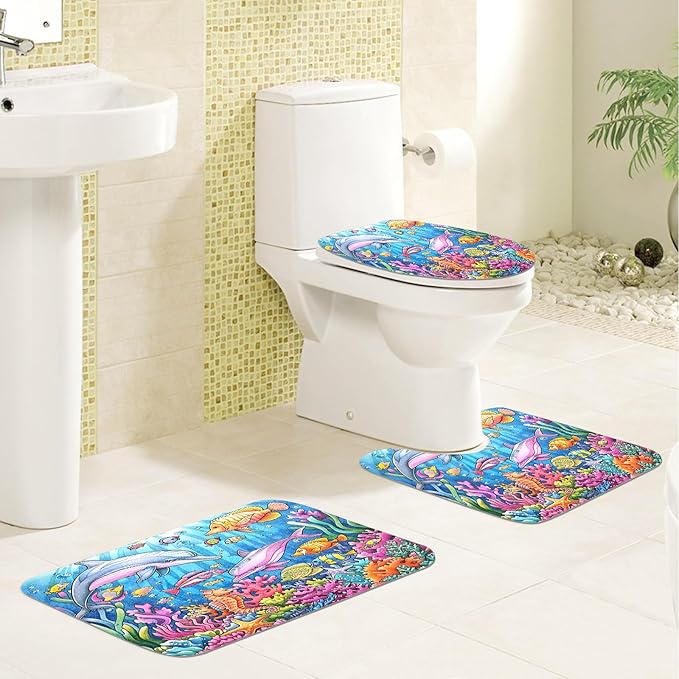 4PCS Fish Shower Curtain Set with 12 Hooks for Bathroom Sets Fish Decor, Non-Slip Rugs and Toilet Mat Lid Rug, Durable Waterproof for Bathroom Ocean Underwater World Fish Decor 72x72 Inch