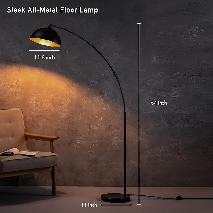O'Bright Moab - Modern Arc Floor Lamp with Adjustable Dome Shade, Marble Base, and Foot Pedal Switch, 64 Inch - Ideal for Living Room, Bedroom, Office, Black