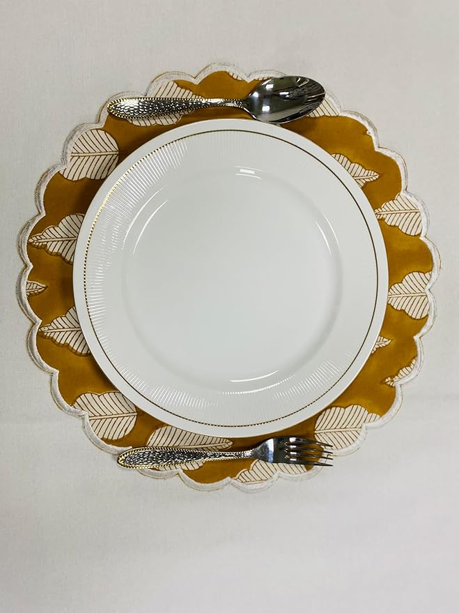 Ridhi Yellow Leaves Bo-ho Round Place Mat Double Layer Floral Cotton Washable Placemats 15" Round Embroidery Block Print Table Mat Pack of 4-15 Inch Round