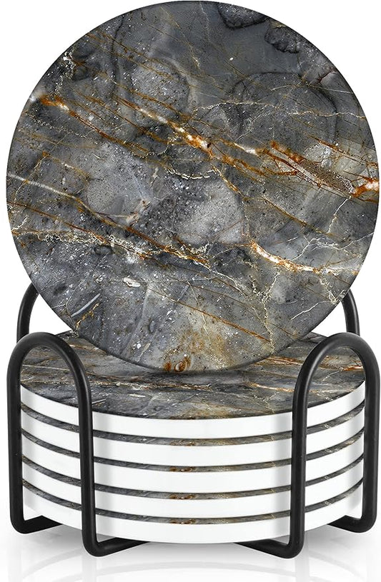 Emerson Coasters for Drinks Absorbent – Natural Stone Drink Coasters Set with Holder, Coasters for Coffee Table, Wooden Tabletop Protection Marble Style – 100% Heavy Duty Set of 6 (Gray)