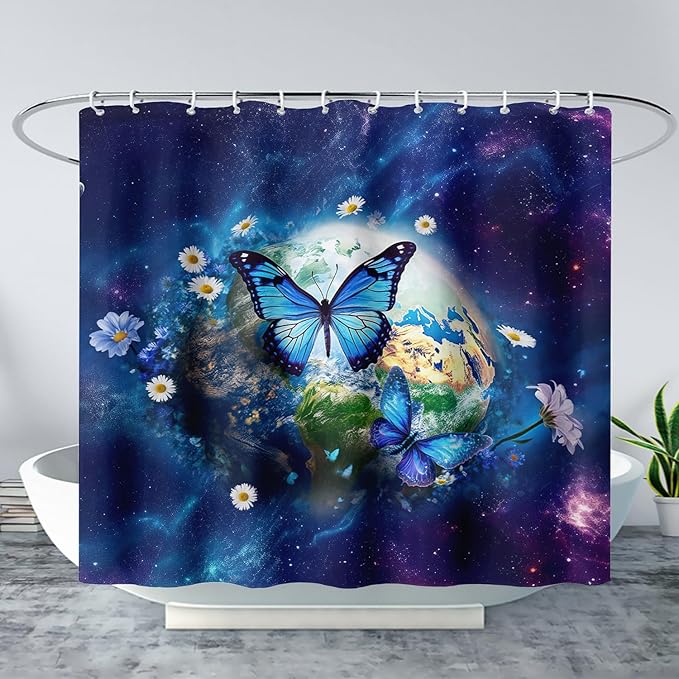 AILONEN Blue Butterfly Shower Curtain 48" W*72" H,Mystic Galaxy Earth Starry Bathroom Decor,Modern Floral Butterfly Bath Curtain Polyester Waterproof Bathroom Curtain with 12 Hooks