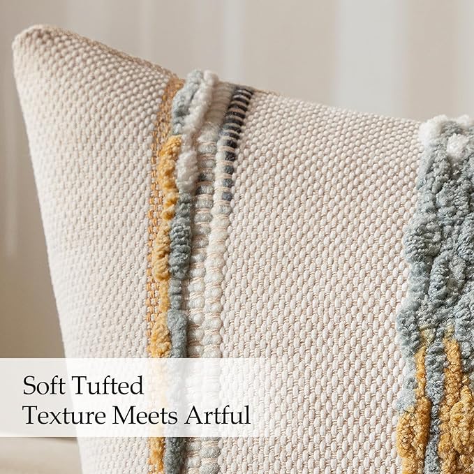 ANRODUO Pack of 2 Boho Decorative Throw Pillow Covers 18x18 Farmhouse Cushion Case Striped Chenille Pillow Cases Square Pillow Covers Accent Neutral Pillowcase for Sofa Couch Bed, Blue-Earth Tones