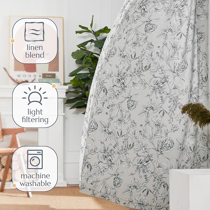 jinchan Floral Curtains 96 Inches Long Charcoal Grey Flower Linen Farmhouse Curtain for Living Room French Country Vintage Curtain Rod Pocket Curtains Set 2 Panels Gray Floral Printed