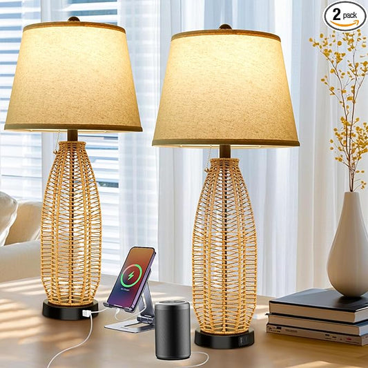 27" Boho Table Lamps Set of 2: Rattan Table Lamp with USB A+C Ports, 3-Color Temperatures Bedside Lamps with Pull Chain, Boho Lamps for Night Stands Bedroom Living Room, Bulbs Included