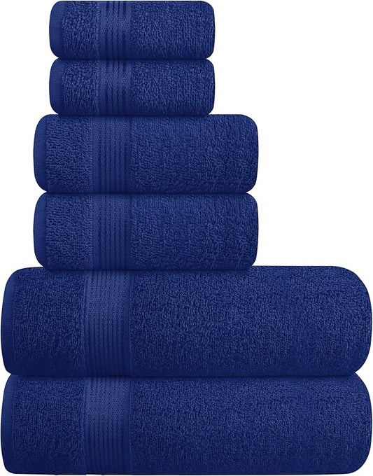 Belizzi Home Ultra Soft 6 Pack Cotton Towel Set, Contains 2 Bath Towels 28x55 inch, 2 Hand Towels 16x24 inch & 2 Wash Coths 12x12 inch, Ideal Everyday use, Compact & Lightweight - Navy Blue