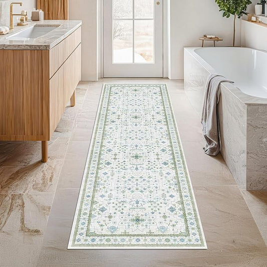 Blue and Green 2x6 Boho Bathroom Runner - Modern Vintage Eclectic Floral Pastel Geometric Oushak Runners, Washable Low Pile Non Slip Small Area Rugs for Kitchen, Hallway, Bedroom, Laundry, Powder Room