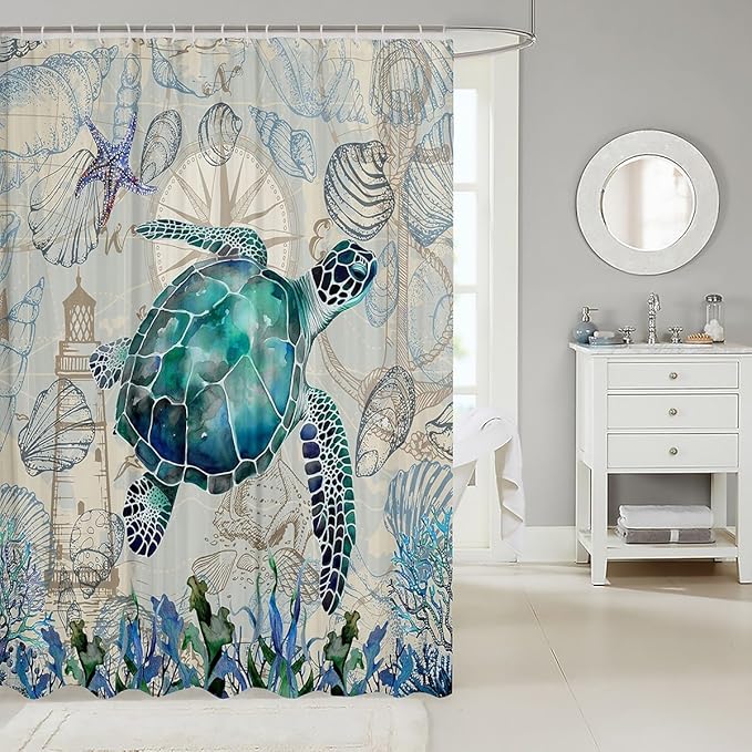 Feelyou Sea Turtle Fabric Shower Curtain Under Sea Animals Shower Curtain for Kids Shells and Corals Bathroom Waterproof Accessories with 12 Hooks Watercolor Green and Brown Curtains,72X84 Inches