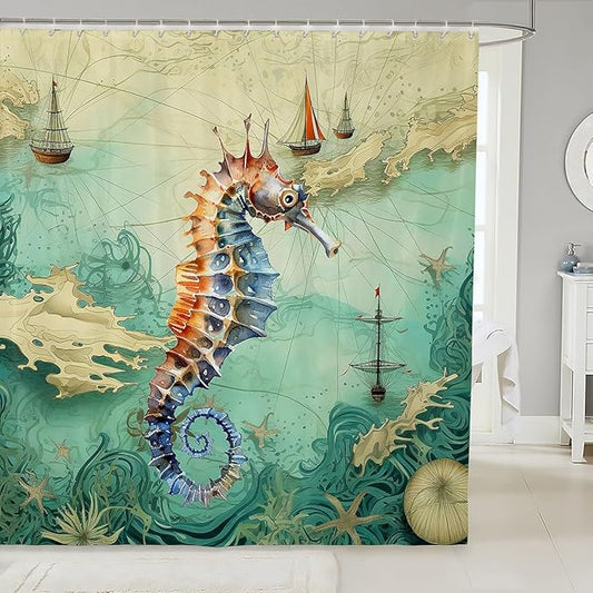 Feelyou Seahorse Shower Curtain 72"x78" Kids Sailboat Printed Bathroom Shower Curtain Set for Boys Girls Teens Ocean Themed Bath Curtain Marine Life Sealife Bathroom Accessories