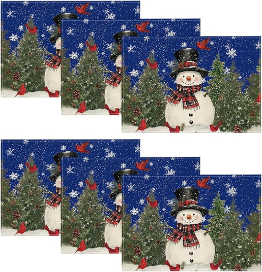 Artoid Mode Blue Snowman Trees Bird Christmas Placemats Set of 6, 12x18 Inch Seasonal Winter Table Mats for Party Kitchen Dining Decoration