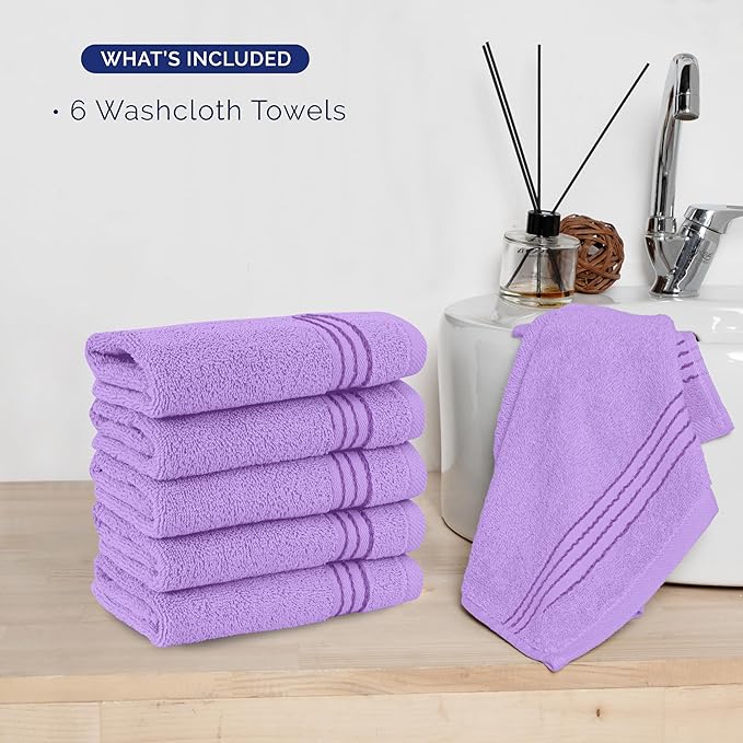 Elegant Comfort Premium Turkish Cotton 6 Pack Washcloths Set - 13 x 13 inch, Luxurious Hotel Spa Quality 100% Turkish Cotton 6PC Washcloth Set - Highly Absorbent - Soft Bathroom Towels, Lilac