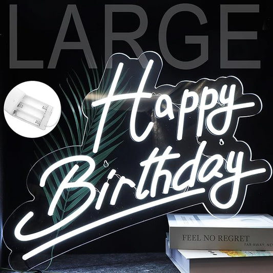Large "Happy Birthday" Neon Sign, USB & Battery Powered (14.3"x22.4"), Adjustable Brightness, White LED Wall Decor for Parties & Celebrations
