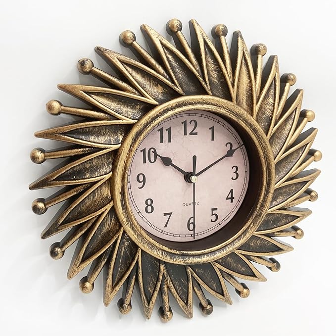 Sunburst Clock, Small Retro Wall Clocks Battery Operated, 10 Inch Mid Century Vintage Decorative Wall Clock for Living Room, Bedroom, Kitchen, Bathroom, Office - Bronze