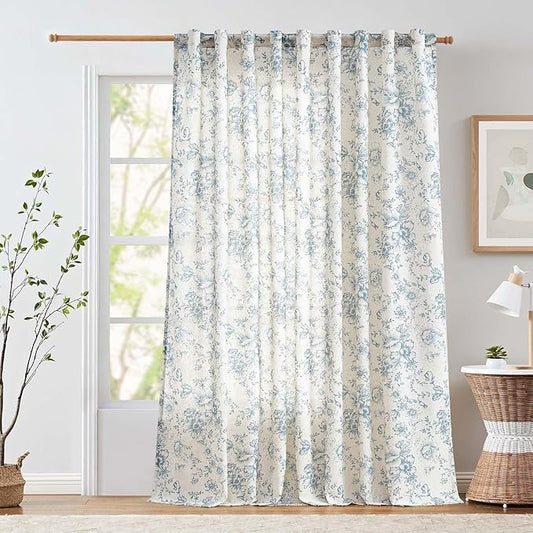 jinchan Linen Floral Curtains Extra Wide for Patio Sliding Glass Door Room Divider Curtain for Living Room 96 Inch Length Farmhouse Peony Blue Printed Curtain Set 1 Panel