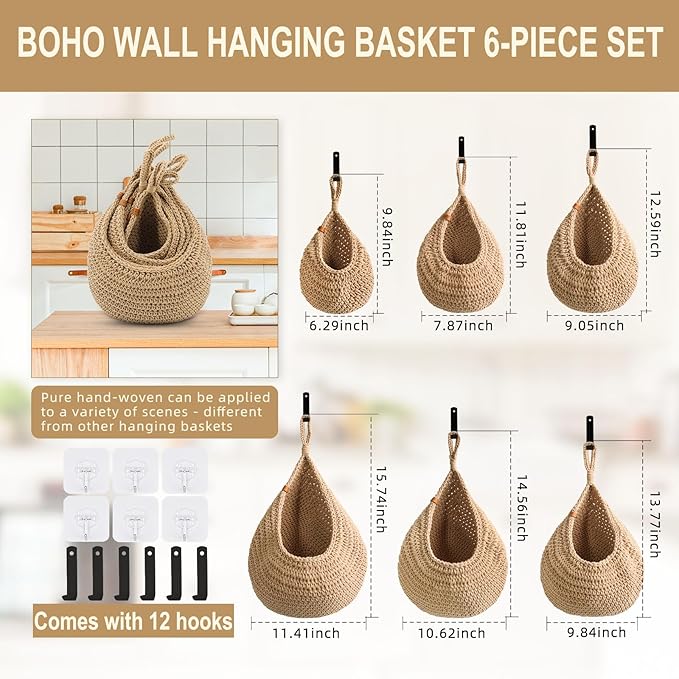 Hanging Fruit Baskets for Kitchen - 6 Pack Boho Wall Hanging Basket,Handwoven Wall Fruits Basket,for Garlic Potato Vegetable Onion Teardrop Home Hanging Storage Baskets(Brown Classic)