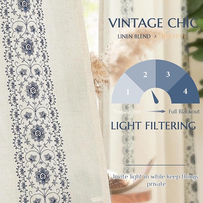 jinchan Boho Curtains for Bedroom Blue Vintage Floral Farmhouse Curtains 72 Inches Long Linen Blend Drapes for Living Room Embroidered Drapes Light Filtering Rod Pocket Blue on Beige 2 Panels