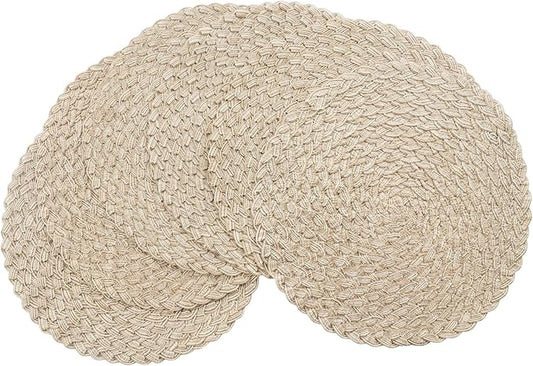 Floroom 15 Inch Round Braided Placemats Set of 6, Washable Heat Resistant Cotton Polyester Circle Boho Place Mats for Kitchen Dining Table - Dunes Khaki
