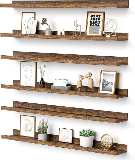 upsimples Floating Shelves for Wall, Wall Shelves for Decor Storage Set of 6, Wall Mounted Wood Shelves for Bedroom, Living Room, Bathroom, Kitchen, 35.5 inch Long Picture Ledge Shelves, Brown