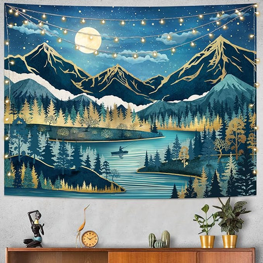 Kanuyee Boho Mountain Tapestry Moon Landscape Wall Tapestry, Nature tapestries for Bedroom Ceiling Tapestries Wall Hanging for Bedroom Living Room Wall Decor Mountain-1 44"x60"