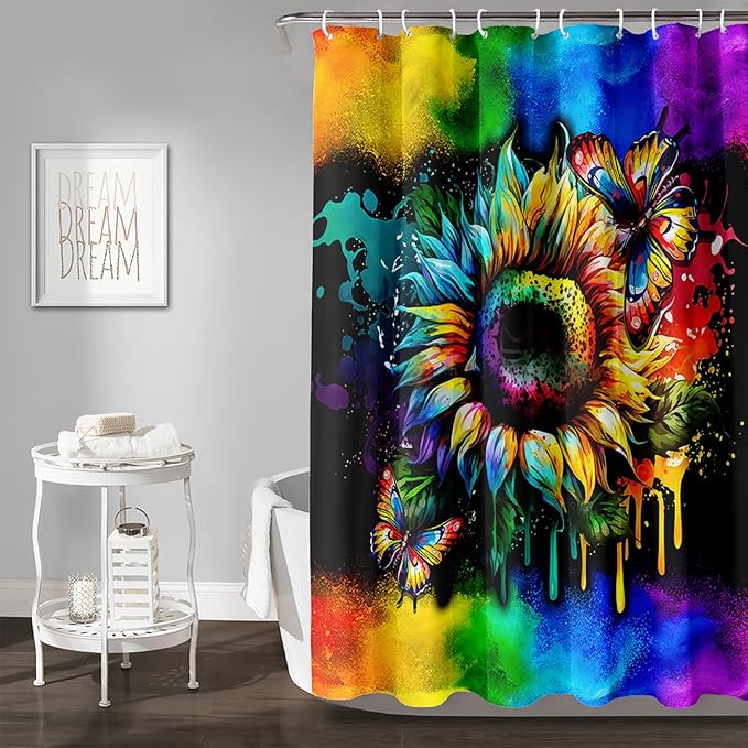 AILONEN Sunflower Shower Curtain, Watercolor Flower Rainbow Decoration,Polyester Fabric,Waterproof with 12 Plastic Hooks Shower Curtains Washable, 72" W x 72" H