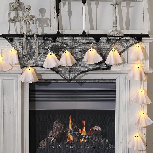 Halloween Decoration-Light Up Ghost Garland-Handmade LED Ghost String Lights Banner for Home Party Fireplace Mantle Windows Decor