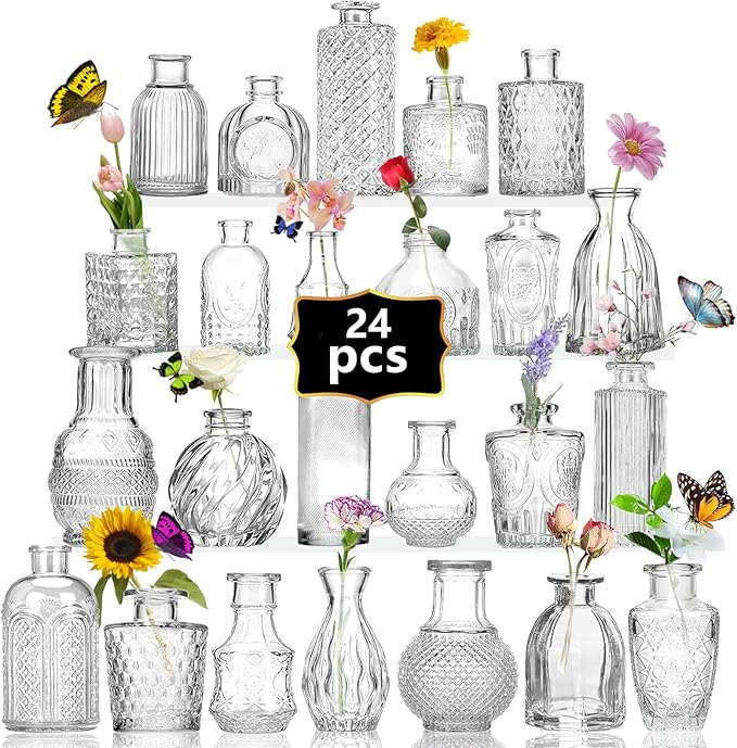 24PCS Mini Bud Vases As Wedding Centerpieces for Tables,Clear Bud Vases for Flowers,Small Flower Vases Suitable for Birthday Party,Anniversary,Wedding Reception,Baby Shower (Clear, 24PCS)