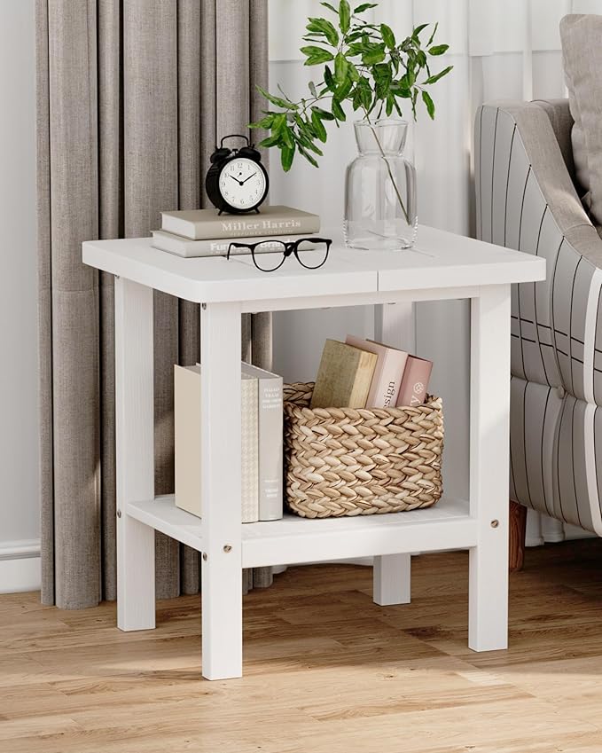 2-Tier Adirondack Square Outdoor Side Table, Pool Composite Patio Table, Weather Resistant End Table for Patio, Backyard, Pool, Easy Maintenance - White