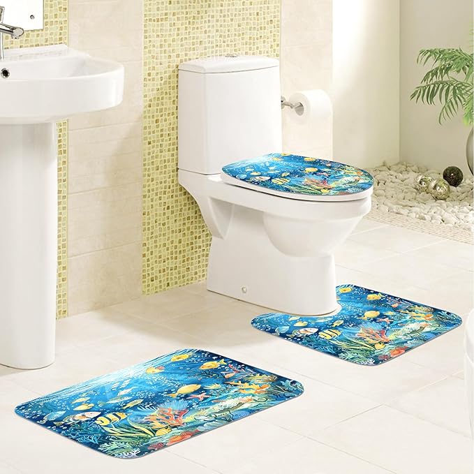 4PCS Fish Shower Curtain Set with 12 Hooks for Bathroom Sets Fish Decor, Non-Slip Rugs and Toilet Mat Lid Rug, Durable Waterproof for Bathroom Ocean Underwater World Decor 72x72 Inch
