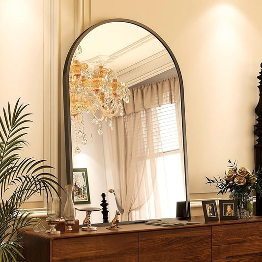 Arched Wall Mirror, 32 x 48 inch Arch Bathroom Mirror, Wall Mounted Vanity Mirror with Arch Metal Frame, Modern Bathroom Vanity Mirror for Bedroom, Living Room, Hanging or Leaning, Black