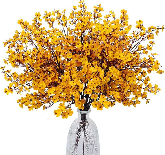 AILANDA 12 PCS Artificial Fall Flowers Babys Breath Orange Yellow Real Touch Silk Floral Arrangement Gypsophila Flowers for Home Wedding Table Centerpiece Fireplace Vase Filler Autumn Decor
