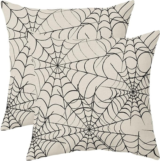 Cream Halloween Spiderweb Pillow Covers 16x16 Set of 2 Black Web Outdoor Decorative Throw Pillows Halloween Scary Themed Farmhouse Pillowcases Linen Cushion Case Decor for Home Sofa Couch Bed