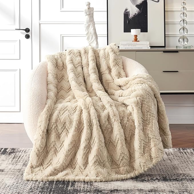 Cozy Bliss Faux Fur Throw Blanket for Couch - Clearance Soft Fuzzy Cozy Throw Gift Blankets for Women,Beige Boho Blanket for Sofa Bedroom Living Room.60 * 80 Inches