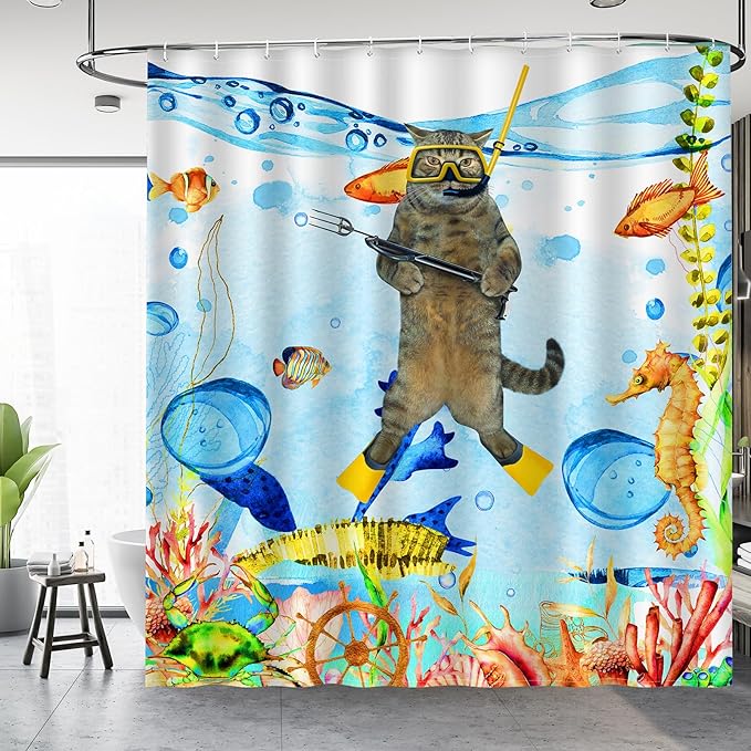 Funny Cat Shower Curtains for Bathroom - Sea Ocean Animal Underwater Tropical Fish Coral Seahorse Fun Bath Shower Curtain Set with 12 Hooks for Adults Kids Bathroom Decor Accessories, 72"x72"