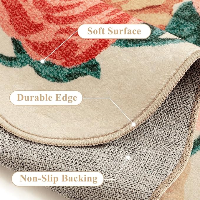 Washable Floral Area Rug 3x5 Beige Office Carpet Scalloped Flower Non Slip Soft Entrance Door Mat Farmhouse Low Pile Thin Indoor Floor Cover for Kitchen Bathroom Bedroom Laundry Living Room